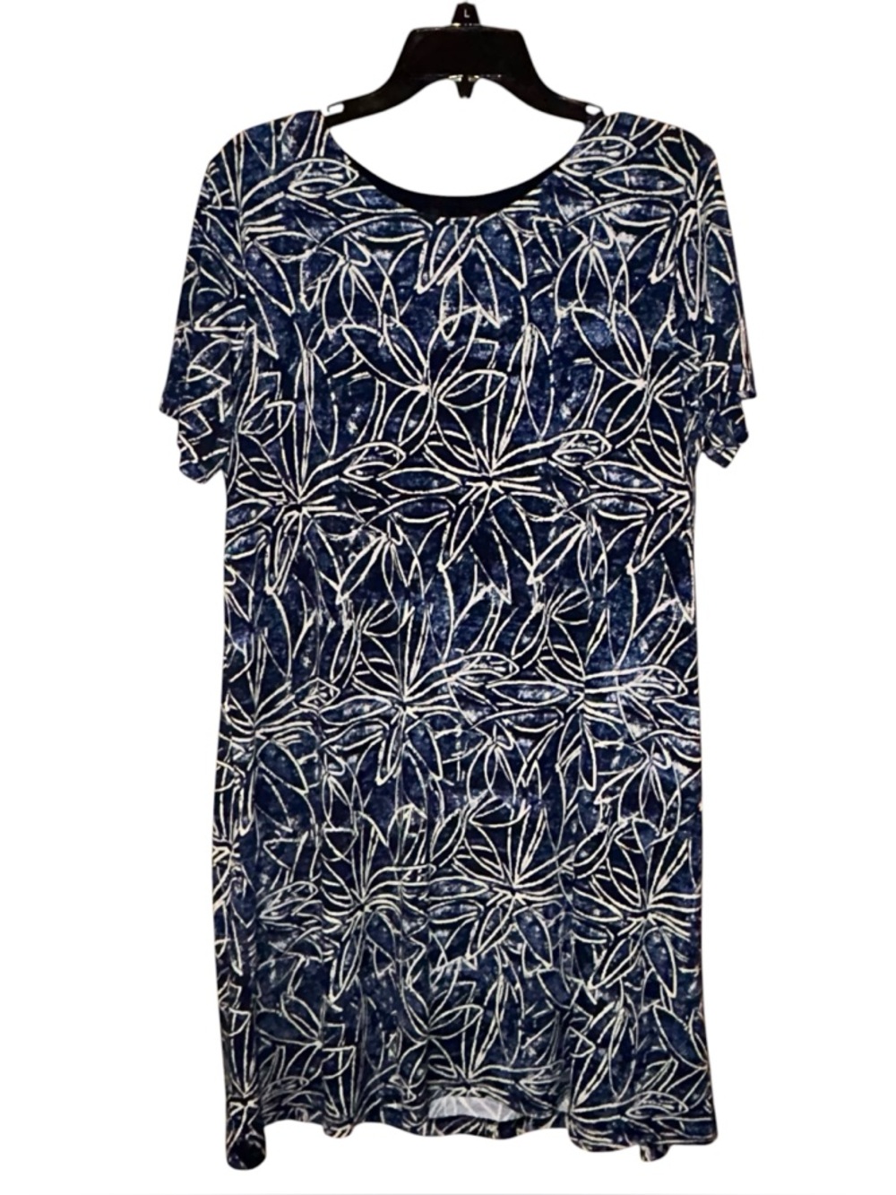 Karen Kane Floral‎ Print Dress XL Stretch Knit Short Sleeve Blue White USA Made